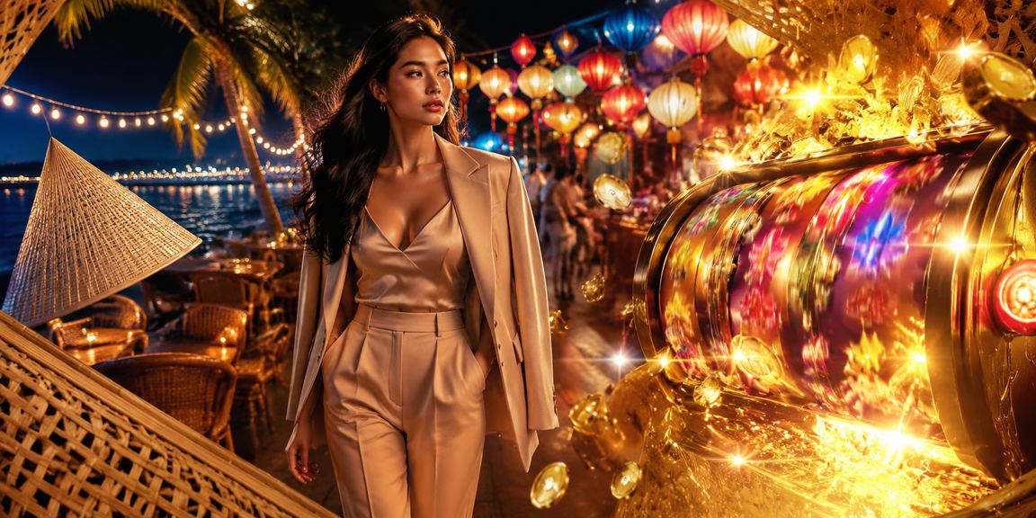 Người dùng tại Phú Quốc chơi slot game trên điện thoại bên bãi biển buổi chiều